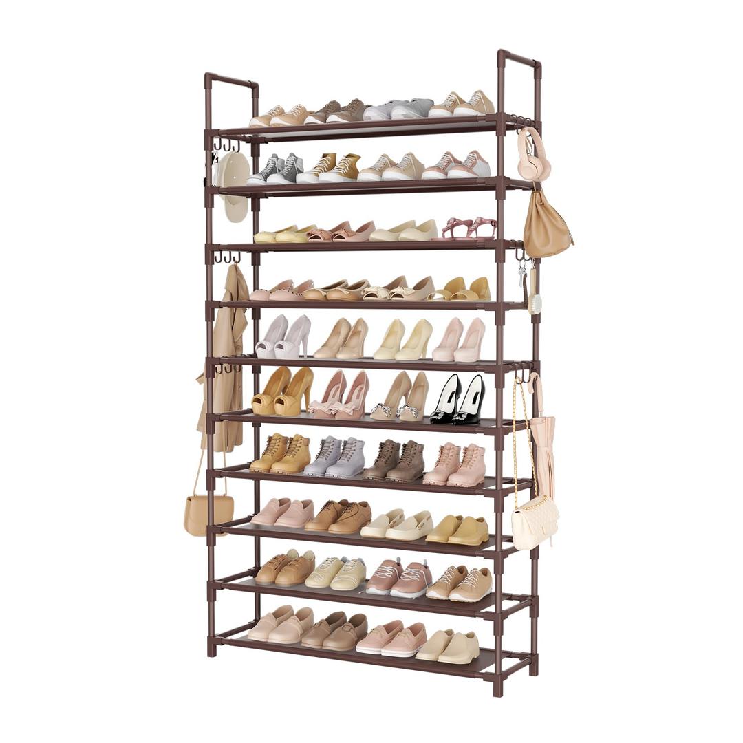 LANTEFUL Tall Shoe Rack 10 Tier Shoe Organizer Large Shoe Shelf with 18 Hooks Storage for 50 Pair Sneaker and Boot, Stackable Vertical Shoe Rack Organizer for Closet, Entryway, Bedroom, Brown