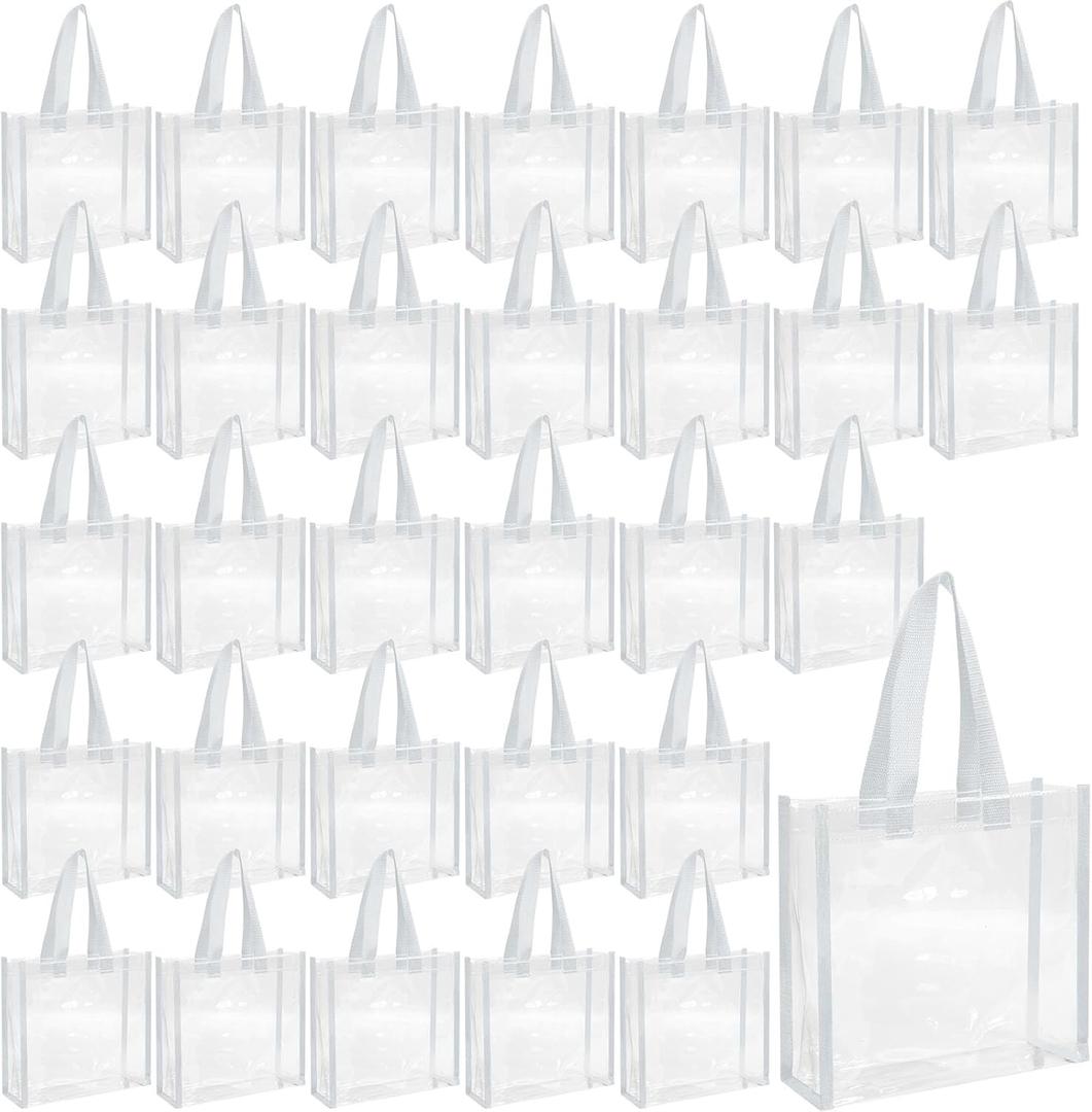 Eccliy 30 Pack 12x12x6 Inch Clear Tote Bag Stadium Approved Bulk Plastic Beach Tote Gift Bag with Handle for Gym Sports | 30 Pack, 12x12x6 Inch, Stadium Approved, Bulk, Tote Gift Bag, with Handle (White)
