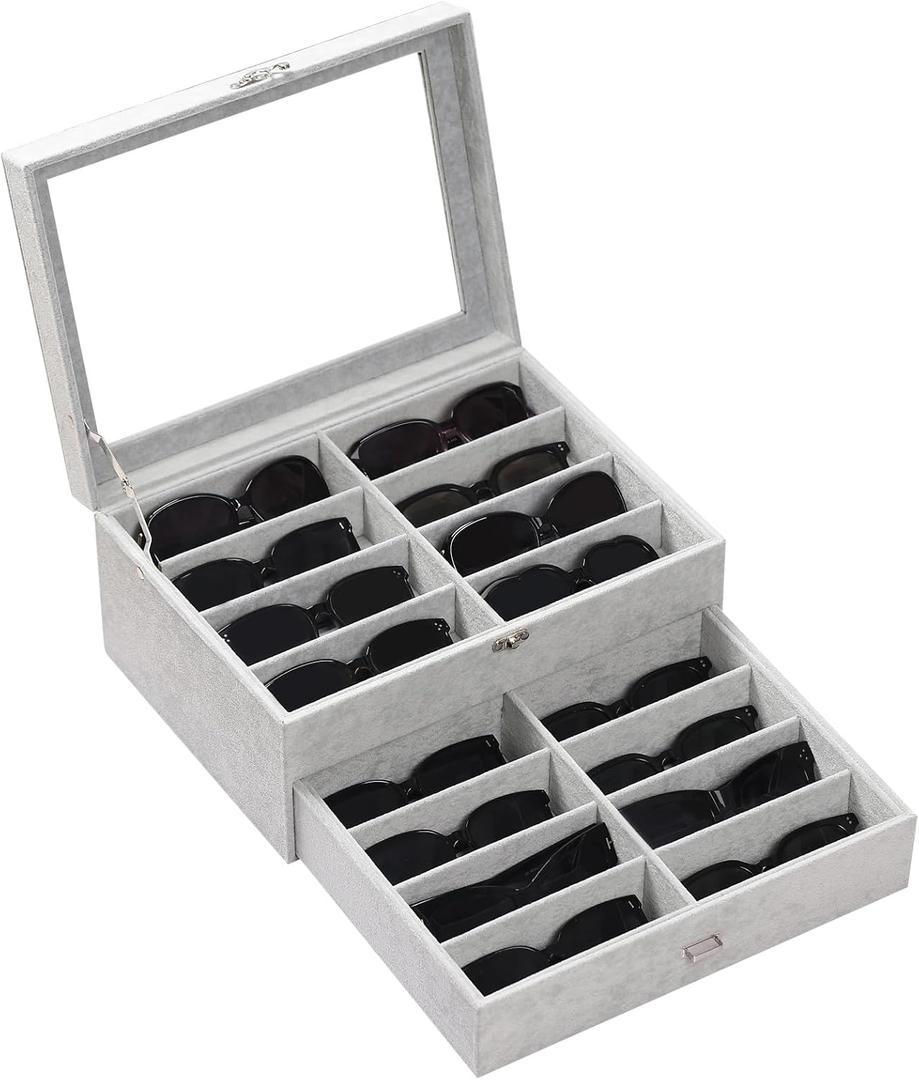AUTOARK 16-Slot Sunglass & Eyeglasses Organizer Box,2-Layer Velvet Drawer with Clear Glass Top,Soft Ice Velvet Lining for Large Glasses,Closet Desktop Storage Holder,Gift for Men Women,Grey,MKAW233