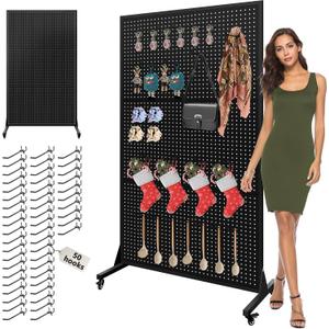 Royxen 3.5 x 6 Feet Metal Pegboard with 50 Hooks, Peg Board Display Stand with Wheels, Large Standing Pegboard Displaywith T-Base Art Display Stand for Retail Stores Exhibitions Homes (Black)