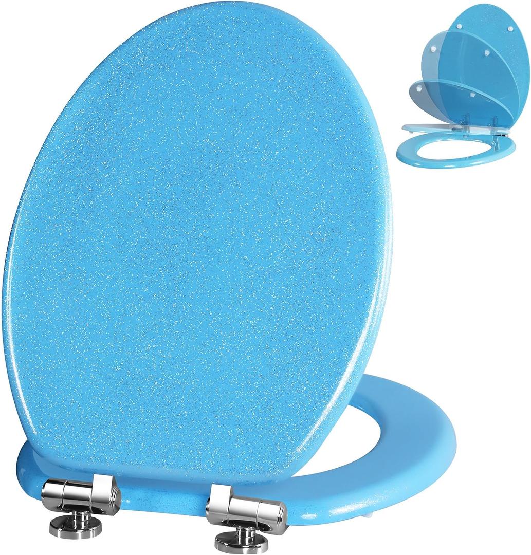 Angol Shiold Glitter Toilet Seat Molded Wood Elongated Toilet Seat with Quietly Close and Quick Release Hinges, Easy to Clean also Easy to Install (Elongated 18.5'', Blue)