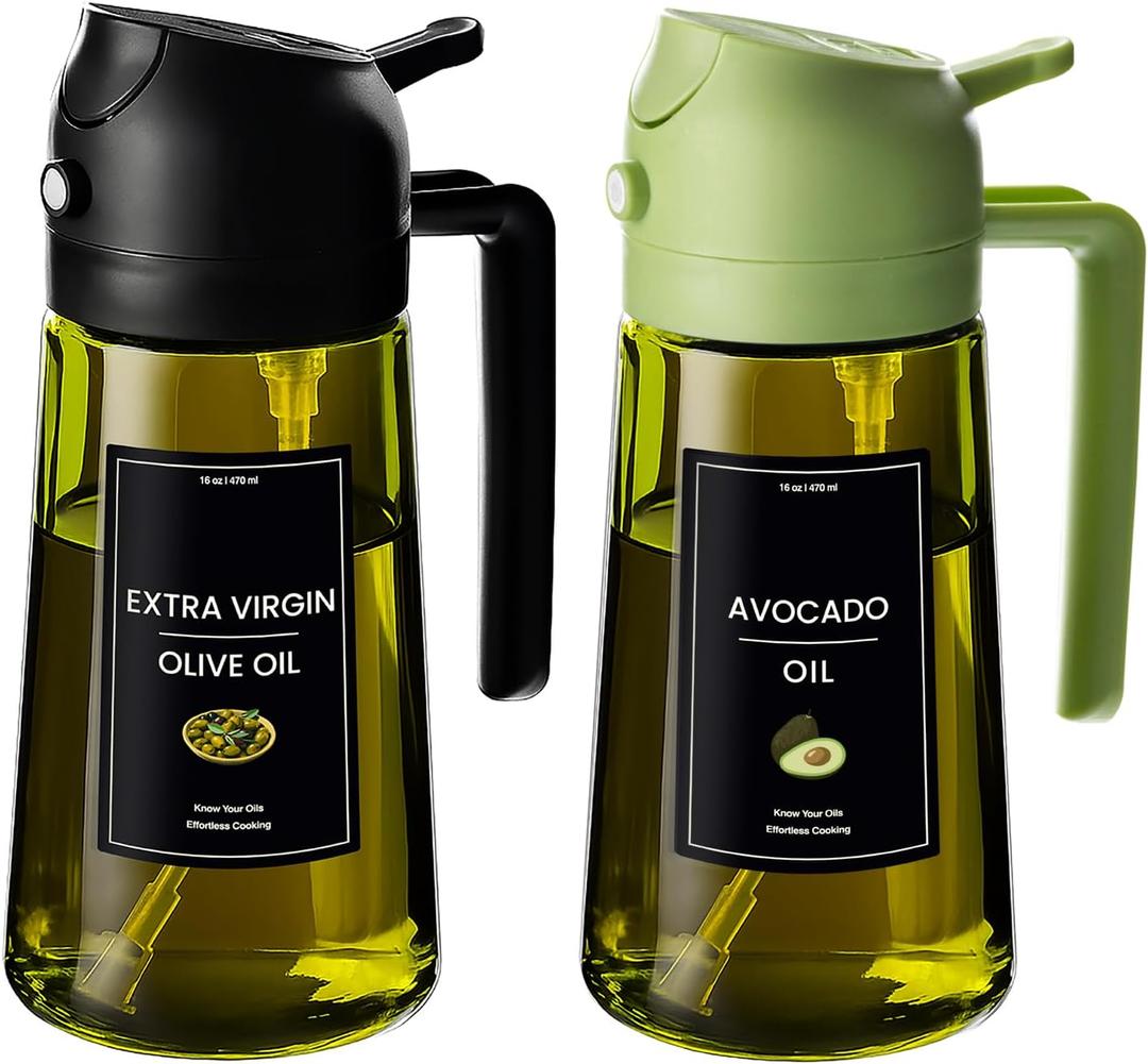 CXINYI - 16oz/470ml Olive Oil Dispenser for Kitchen with Stickers - 2 in 1 Olive Oil Sprayer for Cooking, Air Fryer, and Salad, Black&Green (Light-Proof Kitchen Gadget)