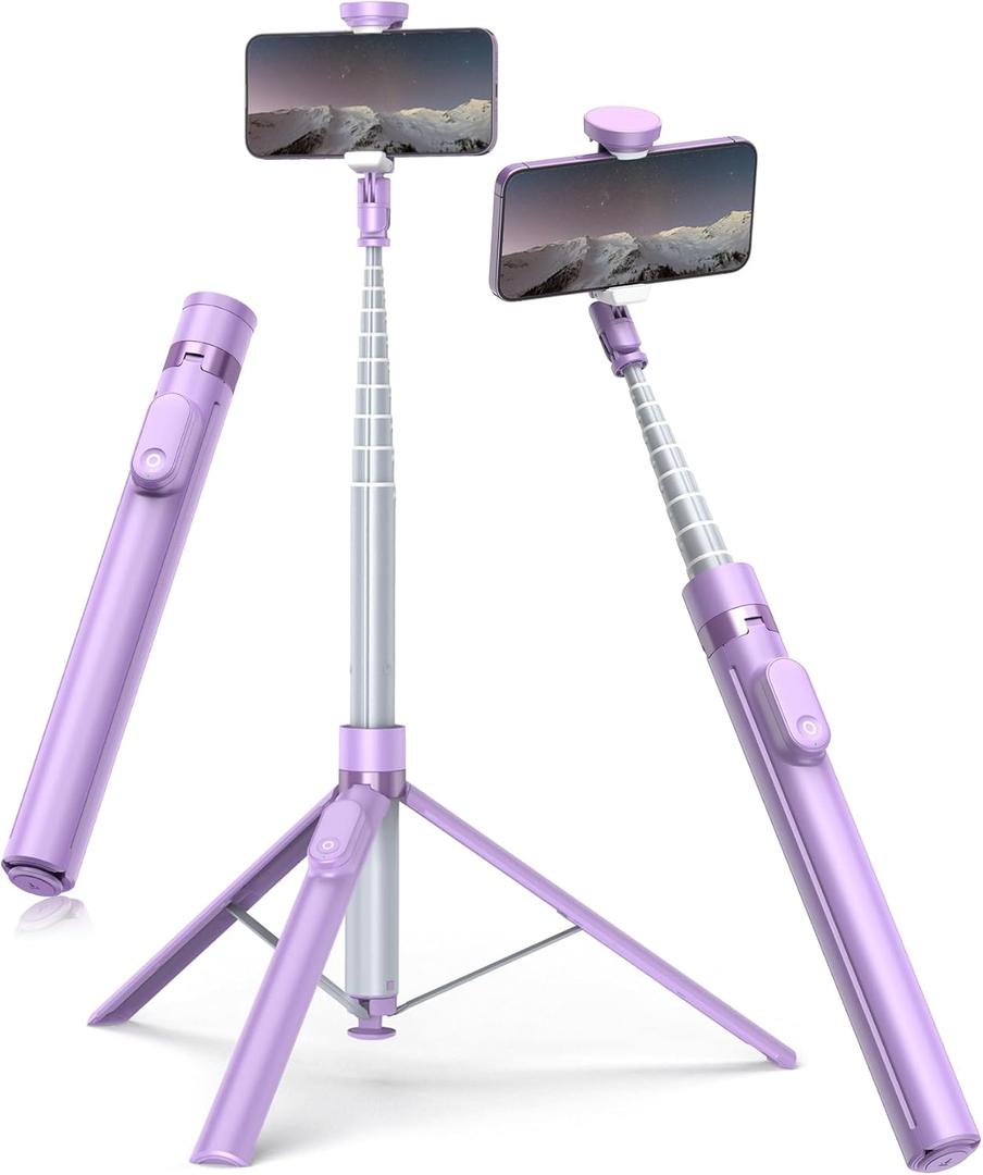 TONEOF 66" Automatic Tripod, Auto-Open Phone Tripod Stand with Magnetic Rechargeable Remote, Selfie Stick Tripod 360 Vertical & Horizontal Rotatable, Stable Travel Tripod for iPhone/Android(Purple)