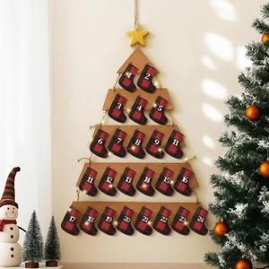 Amyhill Christmas Advent Calendar with 24 Socks Pockets Wooden Christmas Tree Shaped Hanging Advent Calendar Ornament to Fill 24 Days for Wall Indoor Handmade Rustic Holiday Decoration