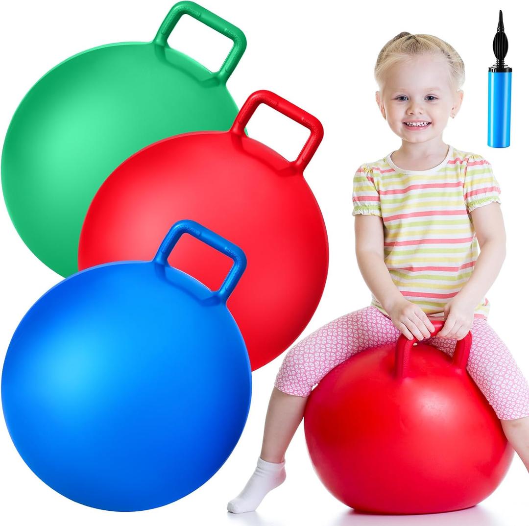 Lewtemi 3 Pcs 18 Inch Bouncing Ball with Handle, Outdoors Hopper Jumping Hopping Ball and Air Pump for Sports Exercise (Red, Blue, Green)