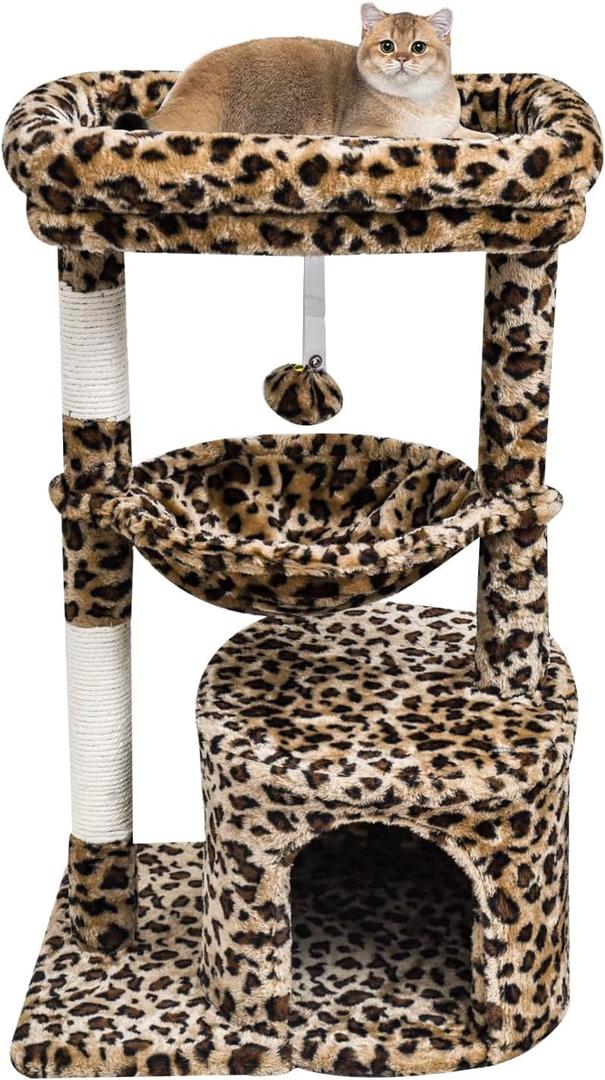 SYANDLVY Small Leopard Print Cat Tree for Indoor Cats, Cat Tower with Scratching Post, Modern Cat House with Padded Perch, Kittens Condo with Cradle, Cat Cave (29.6")