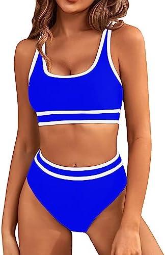 BMJL Women's High Waisted Bikini Sets Sporty Two Piece Swimsuits Color Block Cheeky High Cut Bathing Suits Size L