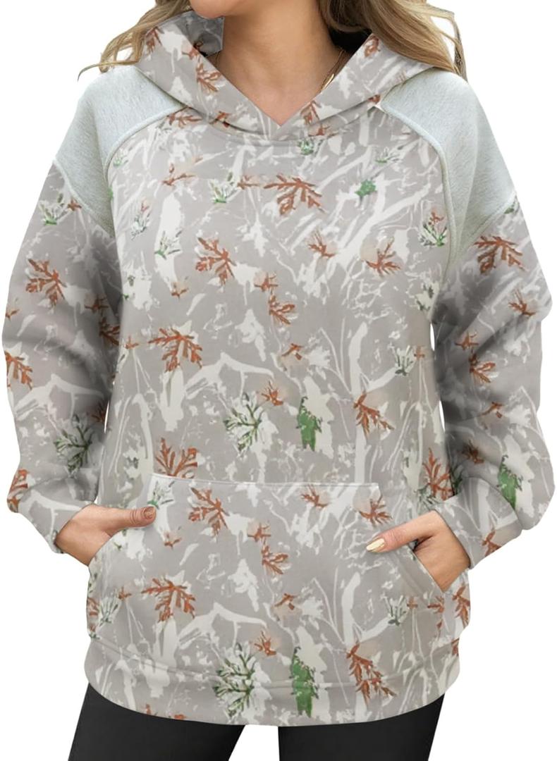 Yousify Womens Camo Hoodies Oversized Fleece Sweatshirts Fall Fashion Long Sleeve Pullover Winter Clothes with Pockets (Large, Khaki)