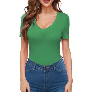 Women V Neck Short Sleeve Tight Fitted Summer Dressy Casual Sexy Cute Tops T Shirts Tee Tshirt Clothes (Green, L)