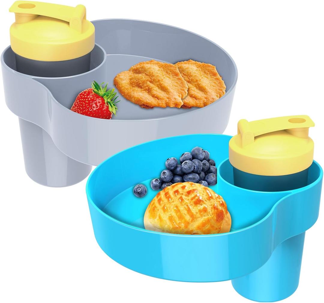 Kids Car Seat Snack Tray, 2PCS Travel Tray for Kids Car Seat with Cup Holder, Toddlers Road Trip Essential Travel Snacks Food Plate Tray for Stroller, Safety Seats (Blue+Gray)