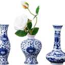 Set of 3 Small Blue & White Porcelain Vases, Fambe Glaze Porcelain Vases Set of 3, Classic Ceramic Flower Vases for Home Decor