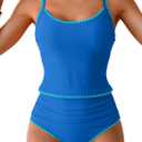 Eomenie Tankini Swimsuit for Women Tummy Control Ruched Two Piece Bathing Suits High Waisted Shell Stitch Swimwear (Large, Blue)
