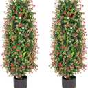 Sunnyglade 2 Pack Artificial Rose Tree - 3FT Fake Floral Plant in Pot - Decorative Topiary - Cement Filled Potted Faux Flower Plant for Home, Office, Porch, Indoor, Outdoor (Red) 