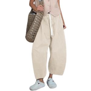 Xiaoxuemeng Barrel Jeans Women Cropped Cotton Wide Leg Pants High Waisted Denim Pants with Pockets (Small, Beige)