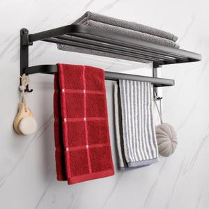 TocTen Towel Rack for Bathroom, Foldable Towel Holder with Double Towel Bars, Wall Mounted SUS304 Stainless Steel Bathroom Tower Shelf, Space-Saving Towel Hanger for Bathroom, Lavatory (Black,24 in)