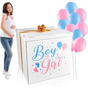 28 Inches Extra Large Gender Reveal Gift Box Kit with Oversized One Sided Printing Box Giant Pull Bows Balloon Ribbon for Gender Reveal Baby Shower Birthday Party Decor Supplies Not for Heavy-Duty