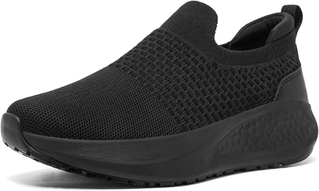 SHULOOK Non Slip Work Shoes for Women Slip Resistant Sneakers Mesh Slip On Food Service Shoes Chef Kitchen Restaurant Lightweight Comfortable Sock Shoes (8.5, Black)