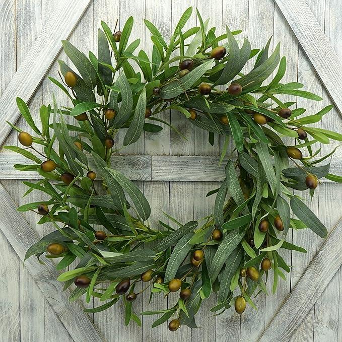 Artificial Green Olive Wreath Greenery Wreath with Olive Leaves, Bean for Front Door Indoor Outdoor Farmhouse Home Wall Window Festival Wedding Decor, White Gift Box Included