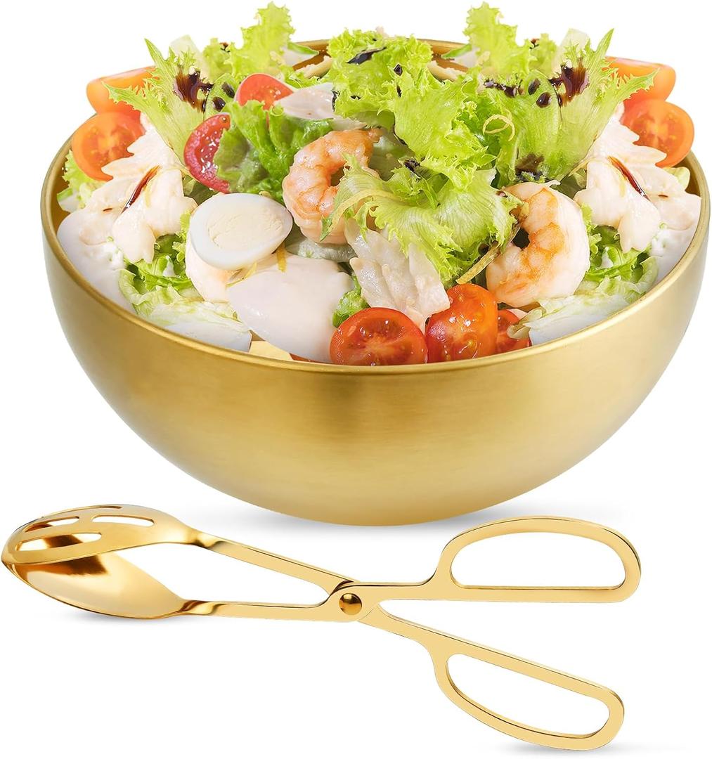 Supkiir Stainless Steel Salad Bowls with Gold Tong, 9.84.5 51oz Gold Kitchen Mixing Bowl, Large Serving Bowl Nesting Bowls for Mixing Cooking Baking Prepping Salad Soup Fruit