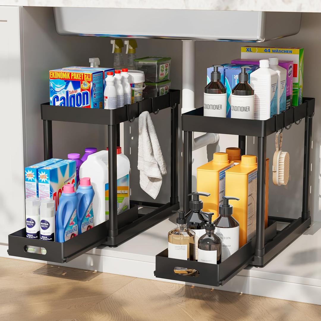 2 Pack Pull-Out Storage Organizers, Under Sink Organizer and Storage for Bathroom & Kitchen,Multi-Purpose Under Cabinet Organizers and storage Black (14.8IN)