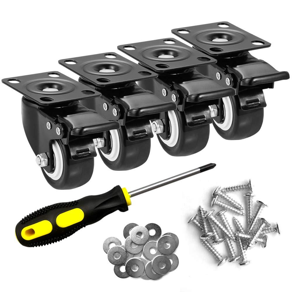 2" Caster Wheels Set of 4, Heavy Duty Casters with Brake, No Noise Locking Polyurethane (PU) Wheels, Swivel Plate Castors Pack 4
