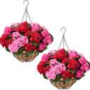 Waipfaru 2 Set Artificial Geraniums for Outdoors with Hanging Baskets, 12 Bundles UV Resistant Artificial Outdoor Plants, Fake Flowers for Spring Front Porch Home Patio Balcony Yard Decor, Mixing