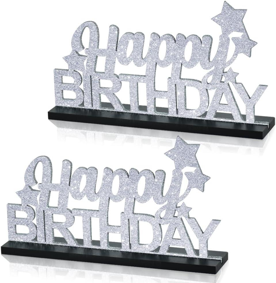 TONIFUL Glitter Silver Letter Happy Birthday Sign Centerpieces for Table Birthday Party Supplies Birthday Favor Decoration for 30th 40th 50th 60th 70th 80th 90th 100th Birthday Table Decoration