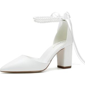 Hyinlays Women's Open Toe Block Heel Pearl Wedding Shoes for Bride Chunky Heeled Sandals Bridal Shoes Pumps,9