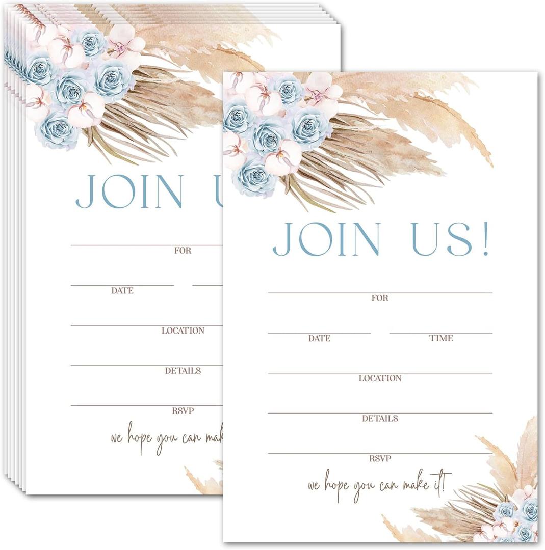 25 Join Us Invitations with Envelopes, Boho Blue Floral Invites Cards for Wedding Reception Bridal or Baby Shower Engagement and Birthday Party Invitations 4 x 6 Invites - 09