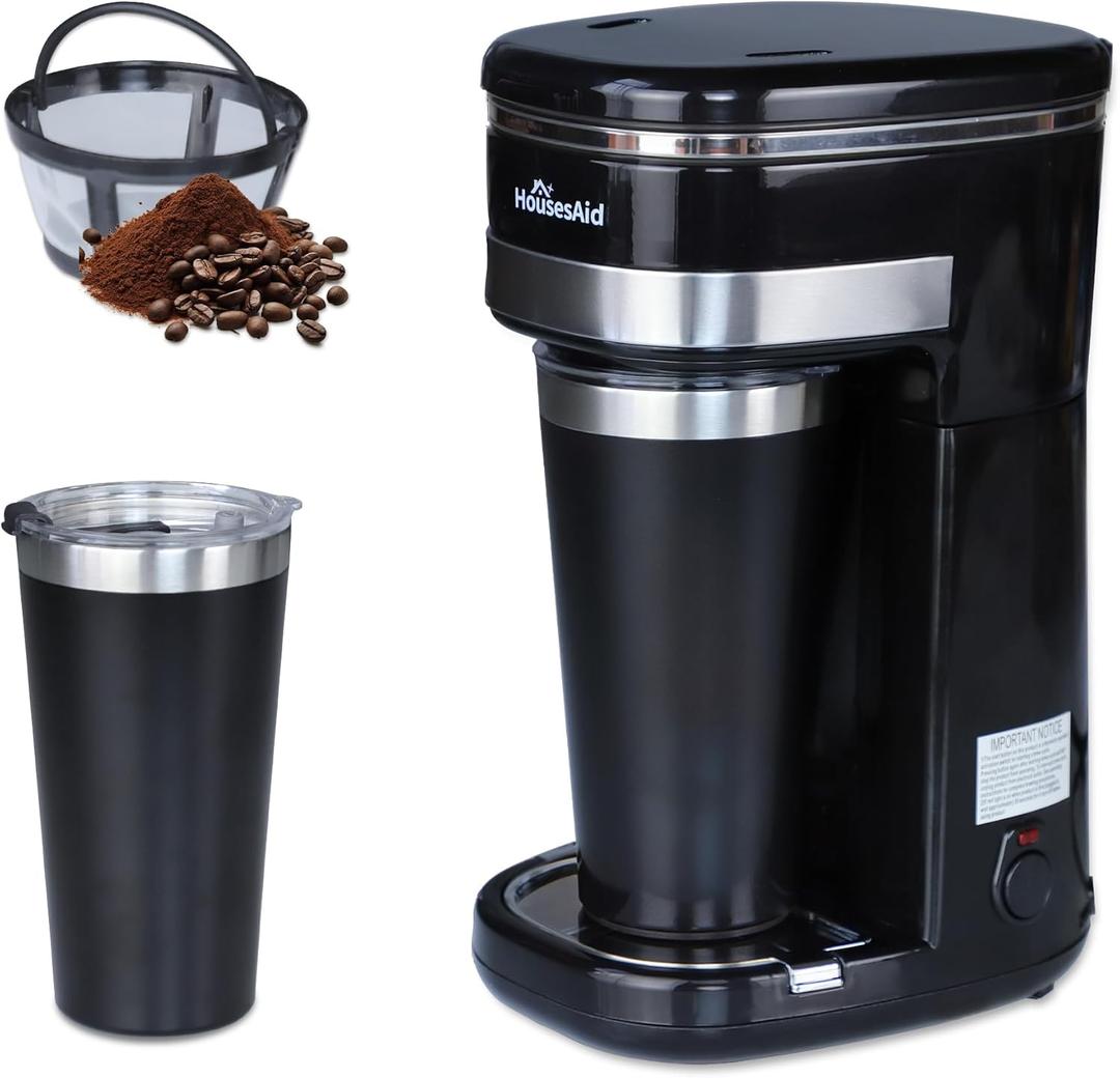 coffee machine, Single Serve Coffee Maker, One Cup Coffee Maker with Reusable Filter & One-touch Control Button, Portable Brewer for Camping, Travel & Home, Easy To Clean& Store, 15oz/450ml, Black