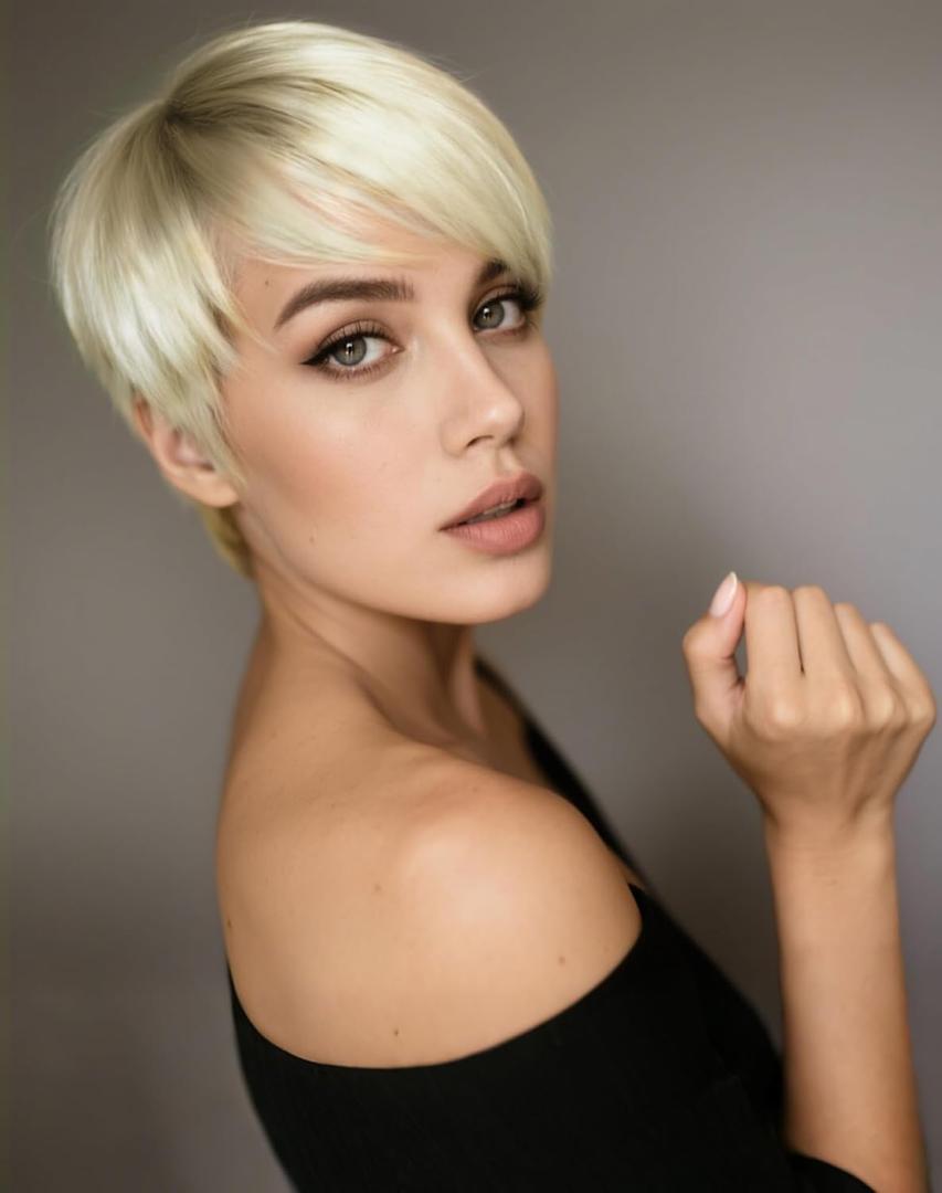 QUEENTAS Short Blonde Wig with Bangs Layered Short Pixie Cut Wigs for White Women Synthetic Hair (Platinum Blonde Mixed Light Brown Dark Root)