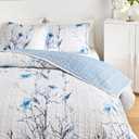 Botanical Quilt Set 3 Pieces King Size, Blue Flower Branch on White Reversible Bedspread Coverlet Set, Soft Microfiber Lightweight Bed Cover for All Season (102" x 90", 1 Quilt+ 2 Pillow Shams)