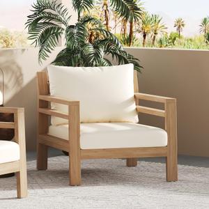 Merax Outdoor Acacia Wood Club Chairs with Beige Cushions, Light Teak Finish, Outdoor Acacia Wood Furniture for Garden, Porch, Backyard, Balcony (1 Pieces)