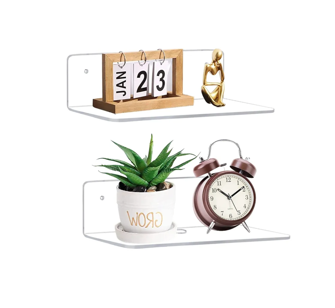 9 Inch Clear Acrylic Floating Shelf, No Drill Adhesive Wall Shelf Set of 2 for Storage, Floating Shelves Damage-Free Expand Wall Space for Living Room, Office, Gaming Room, Bathroom