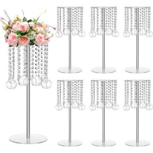 Yerliker 6 Sets 19.69 Inch Acrylic Wedding Centerpiece Flower Stand with Hanging Glass Tealight Globe Candle Holders Crystal Tall Flowers Vase for Birthday Wedding Party Table Decoration