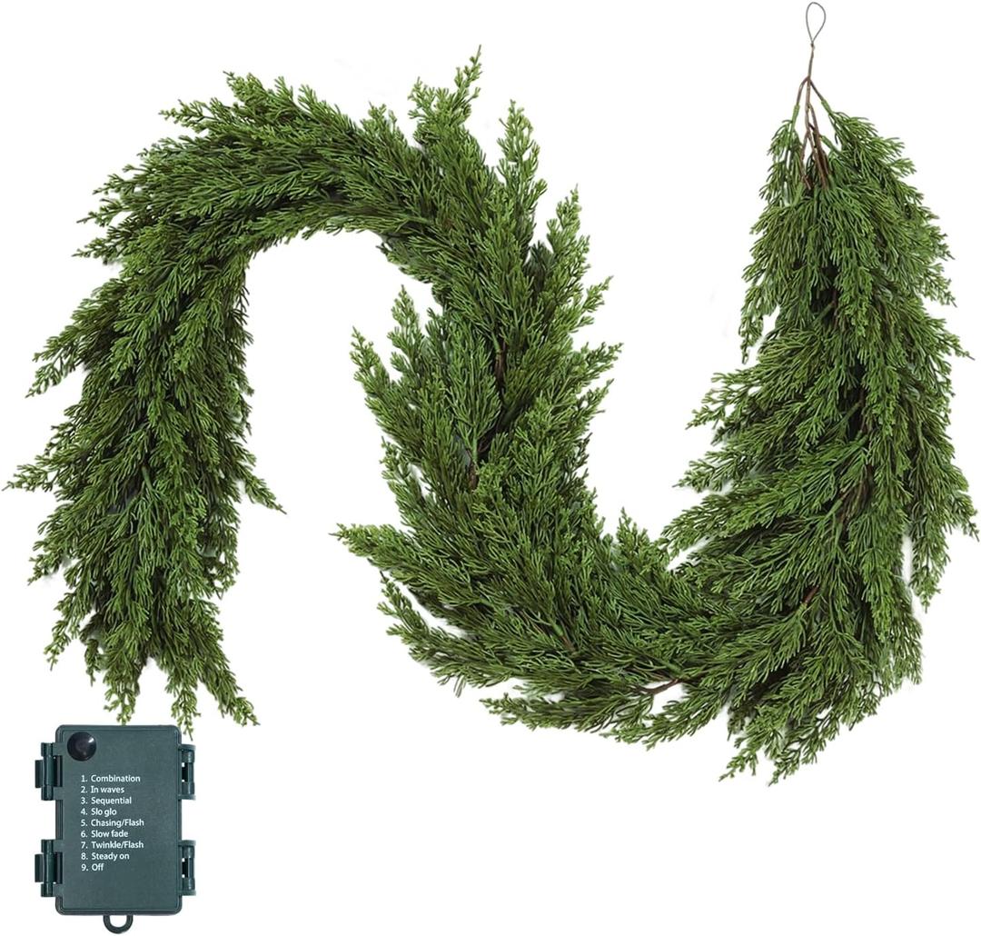 6FT Christmas Cedar Garland with Lights Artificial Realistic Faux Real Touch Greenery Garland Mantle Stairs Fireplace Porch Table Wall Decor Outdoor Indoor Home Decorations (Battery Not Included)