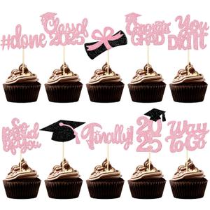 100 Pcs Graduation Cupcake Toppers Congrats Grad Class of 2025 Graduation Cupcake Picks Toppers Diploma Supplies for Party Decorations(Pink)