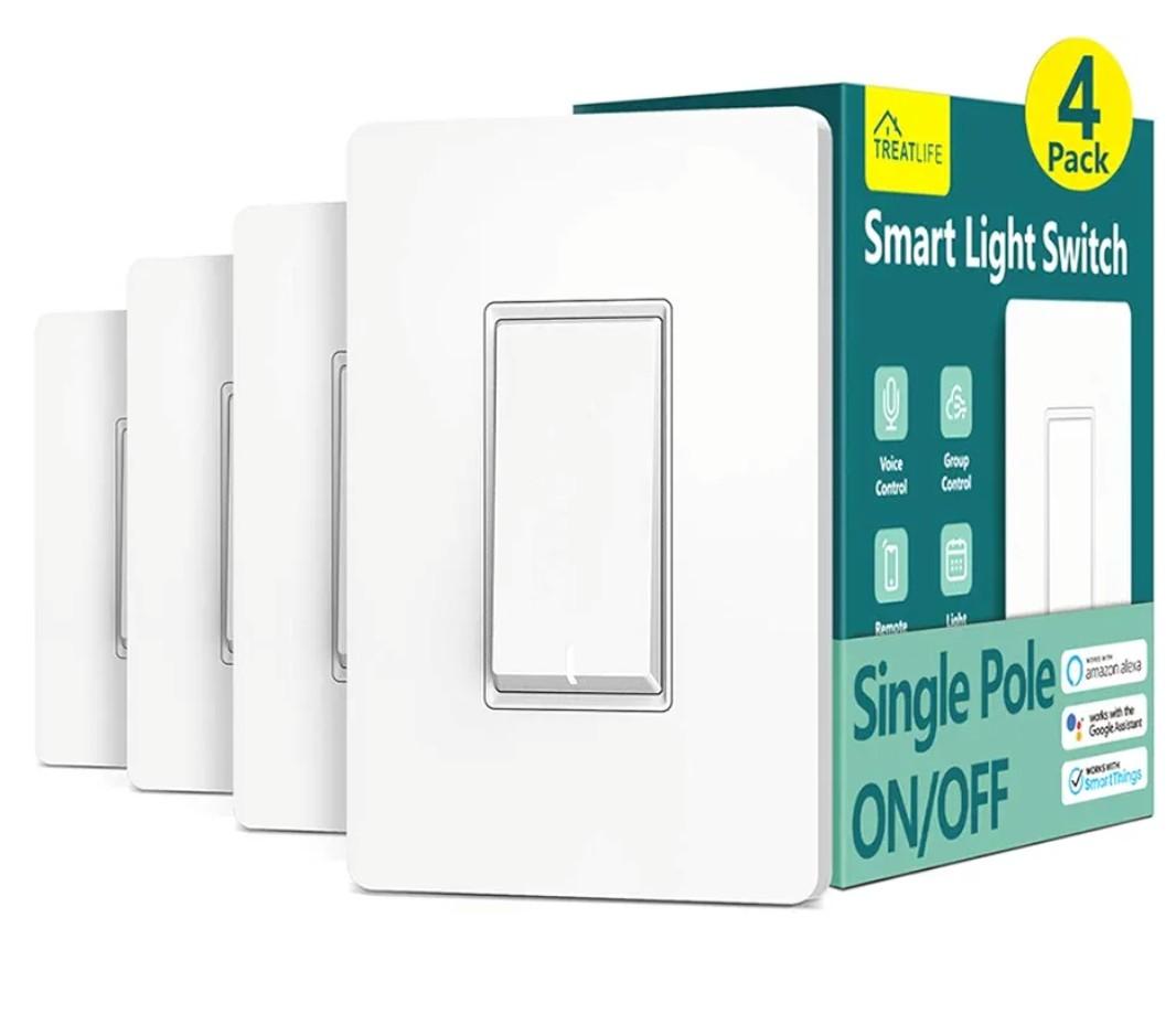 TREATLIFE Smart Light Switch Single Pole Works with Alexa, Google Home and SmartThings, 2.4GHz WiFi Timer Smart Switch, Neutral Wire Required, No Hub Required, FCC Listed, 4 Pack