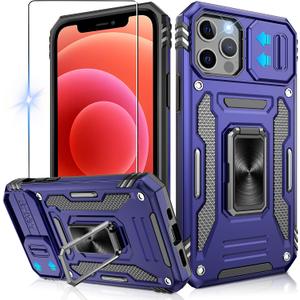 DEERLAMN Case for iPhone 12/12 Pro with Slide Camera Cover, Military Grade Shockproof Phone Case with Ring Kickstand, Anti-Scratch Armour Phone Cover, Blue