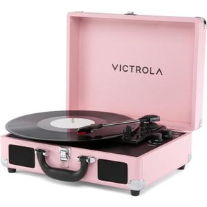 Victrola Journey II (2025 Model) Bluetooth Suitcase Record Player Built-in Stereo Speakers with Enhanced Bass, 3-Speed Turntable, Bluetooth Input and Output, RCA & Headphone Outputs (Pink)