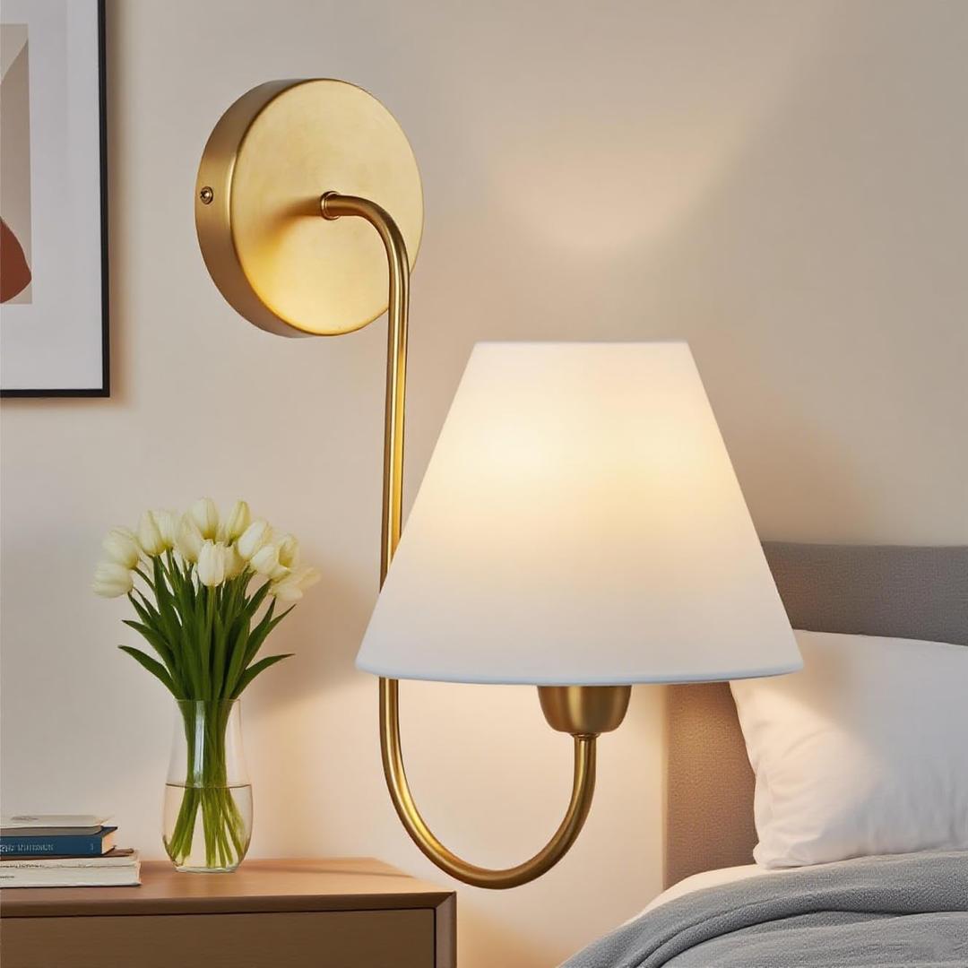 Vintage White Linen Shade Single Wall Sconce, Retro Swoop Wall Lamp with Metal Antique Brass Pole, Gooseneck Light Fixture Design for Elegant Home Lighting, Bedroom (Brass)