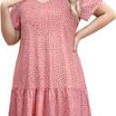 Women's Plus Size Tiered Midi Tunic Dresses 2025 Sexy V Neck Short Sleeve Casual Summer Loose T Shirt Sun Dress (Pink With White Polka Dots)