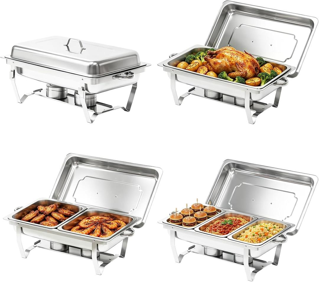 Chafing Dishes for Buffet 4 Pack, 9QT Chafing Dishes with 7 Multi-Size Food Pans, Stainless Steel Chafers and Buffet Warmers Sets, Food Warmers for Parties, Weddings, Birthday, Holiday Parties, Silver