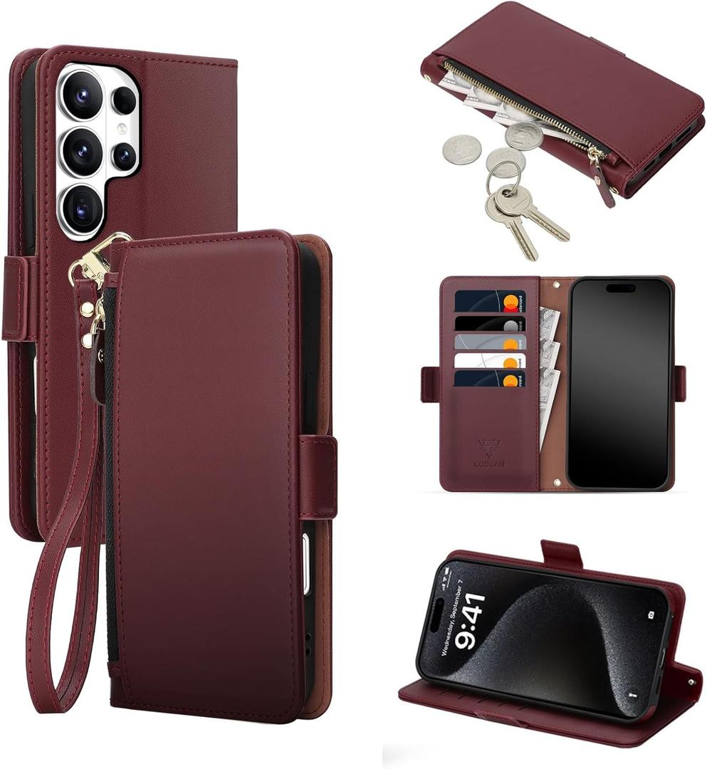 COBEAR for Samsung Galaxy S26 Ultra Case Wallet, Pu Leather Flip Phone Case with Wrist Strap, Zipper Pocket, Kickstand, Women Men Phone Wallet Case with Card Holder for Samsumg S26 Ultra,Wine Red