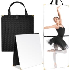 Chunful Frameless Travel Hanging Mirror Leather Foldable Full Length Backstage Makeup Mirror with Handle for Travel Dance Competition Home Fitness Gift(Black,24.61 x 11.22 Inches)