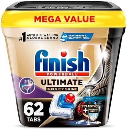 Finish Ultimate Infinity Shine Dishwasher Pods, No Pre-Rinse Dishwasher Detergent Soap Removes Burnt-On Stain, with Protector Shield & CycleSync Technology, Degreasing & Scrubbing Power, 62 Count