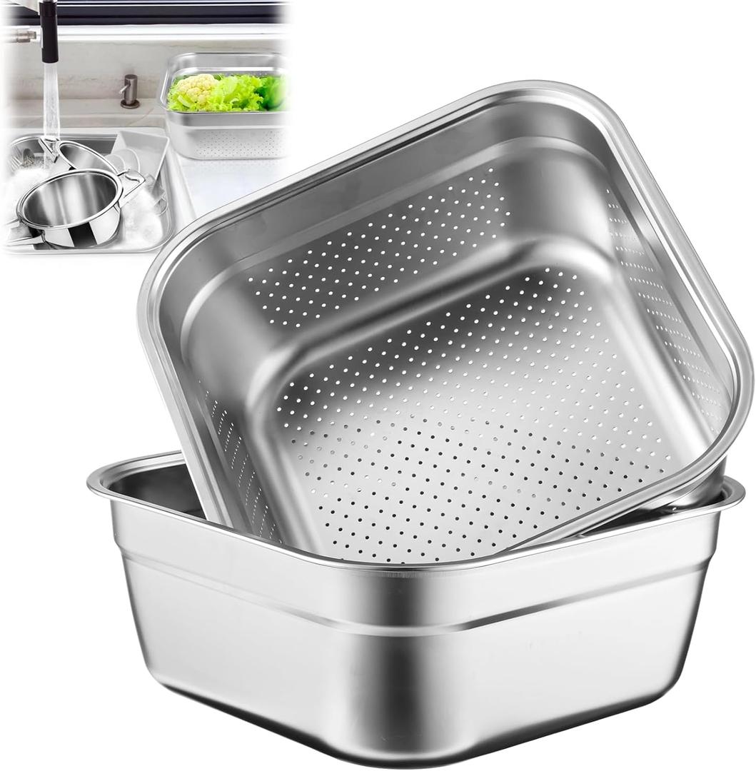 yeesport 2-in-1 Washing Up Bowl Set, Stainless Steel Dish Tub with Colander, Fruit Vegetable Washing Basin, Multi-purpose Bowl Kit for Washing and Draining Rice, Pasta, Food Strainer Mixing Bowl