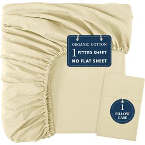 LANE LINEN Twin Fitted Sheets, 100% Organic Cotton 2-Piece Set (1 Fitted Sheet, 1 Pillowcase), Percale Weave, Bottom Sheet, Soft, Breathable, Fits Mattress Upto 15' Deep - Vanilla (No Flat Sheet)