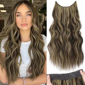 KooKaStyle Invisible Wire Hair Extensions with Transparent Headband Adjustable Size 4 Secure Clips Long Wavy Secret Wire Hairpiece 20 Inch Light Brown mix Ash Blonde P10/15A for Women