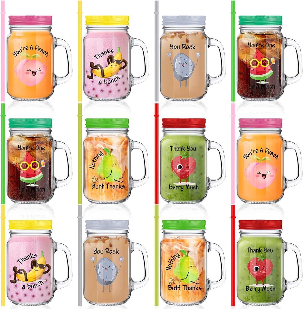 Mifoci 12 Pcs Funny Graduation Appreciation Gifts Bulk, 16 oz Cute Fruit Pun Mason Jar Drinking Glasses with Handles Lids Straws, Inspirational Thank You Gift for Employee Coworker Teacher Staff Nurse